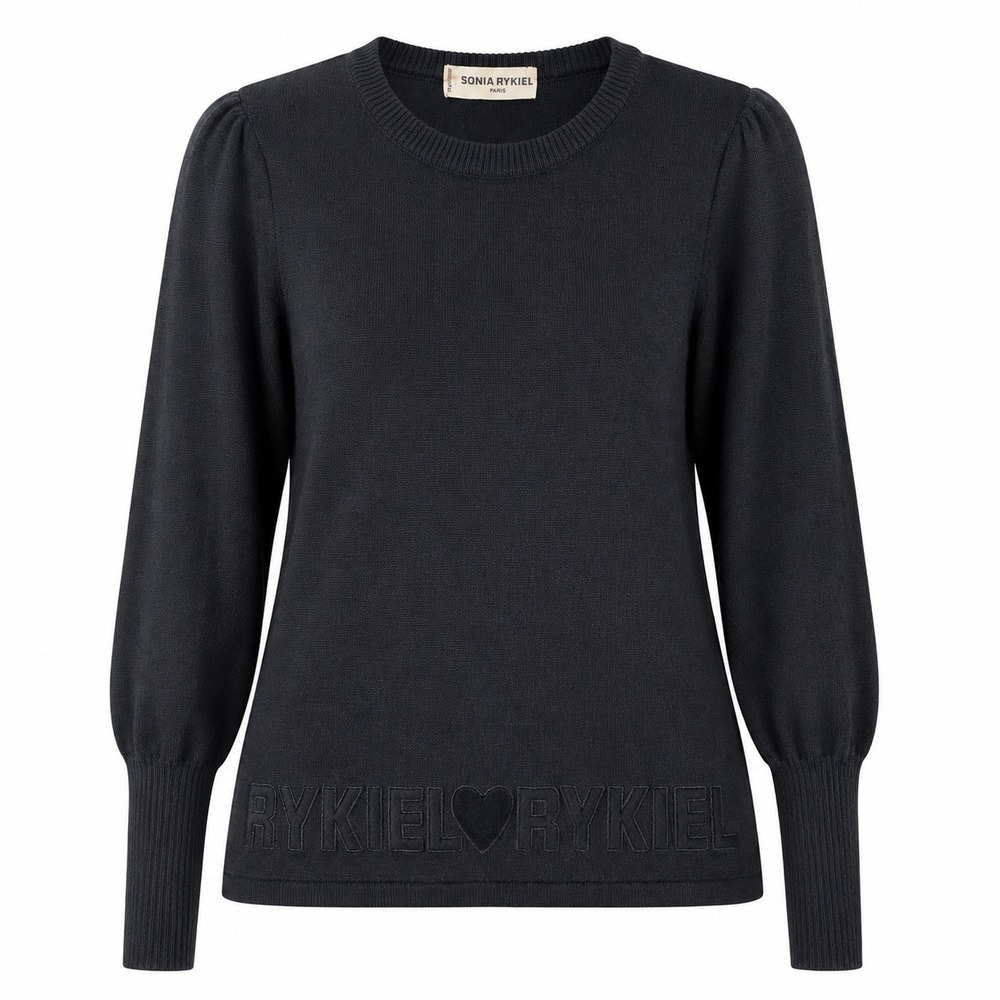 Vintage Sonia Rykiel Sweater Puff Sleeve 100% Wool L Black Logo Hem Designer